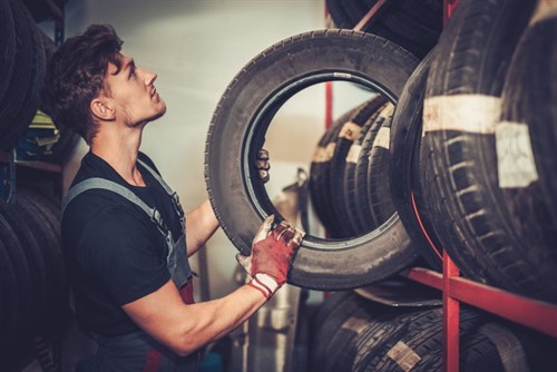 Professional Car Mechanic Choosing New Tire In PN5QEWT
